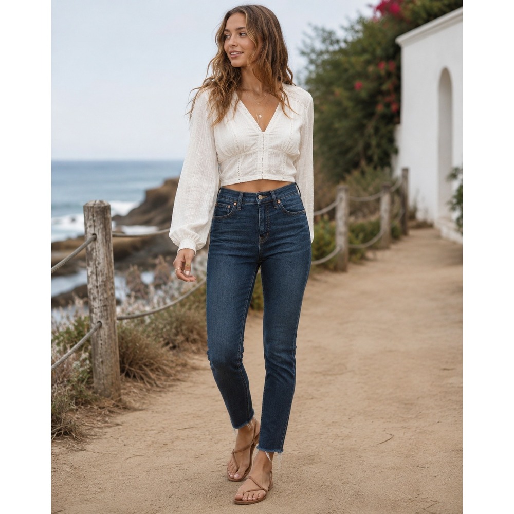 Madewell 9" High-Rise‎ Skinny Jeans Tencel Blue 27 Raw Hem Boho Indigo